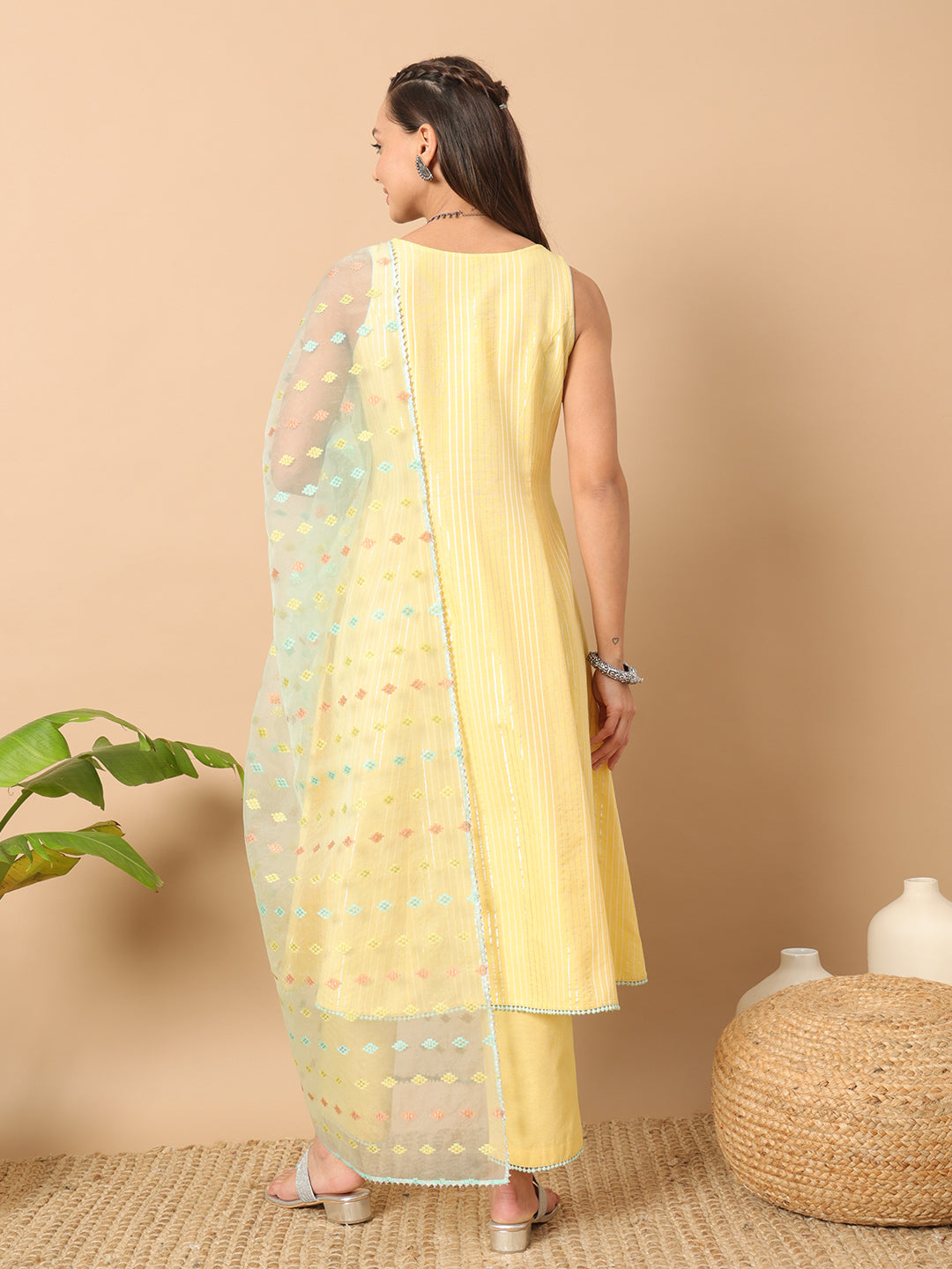FIORRA Women's Light Yellow Lurex Cotton A-Line Kurta and Pant With Dupatta